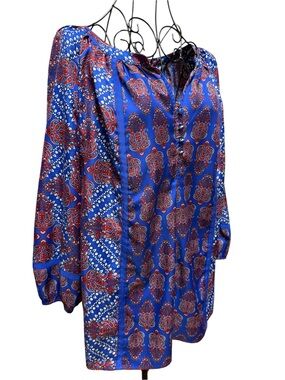 Jones New York Royal Blue and Red Paisley Tunic Blouse Large